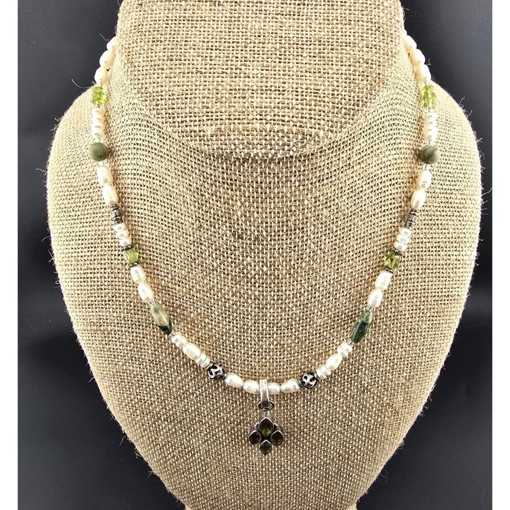 Freshwater Pearl & Green Peridot Sterling Silver Necklace Pendant Spring Easter - Picture 2 of 7